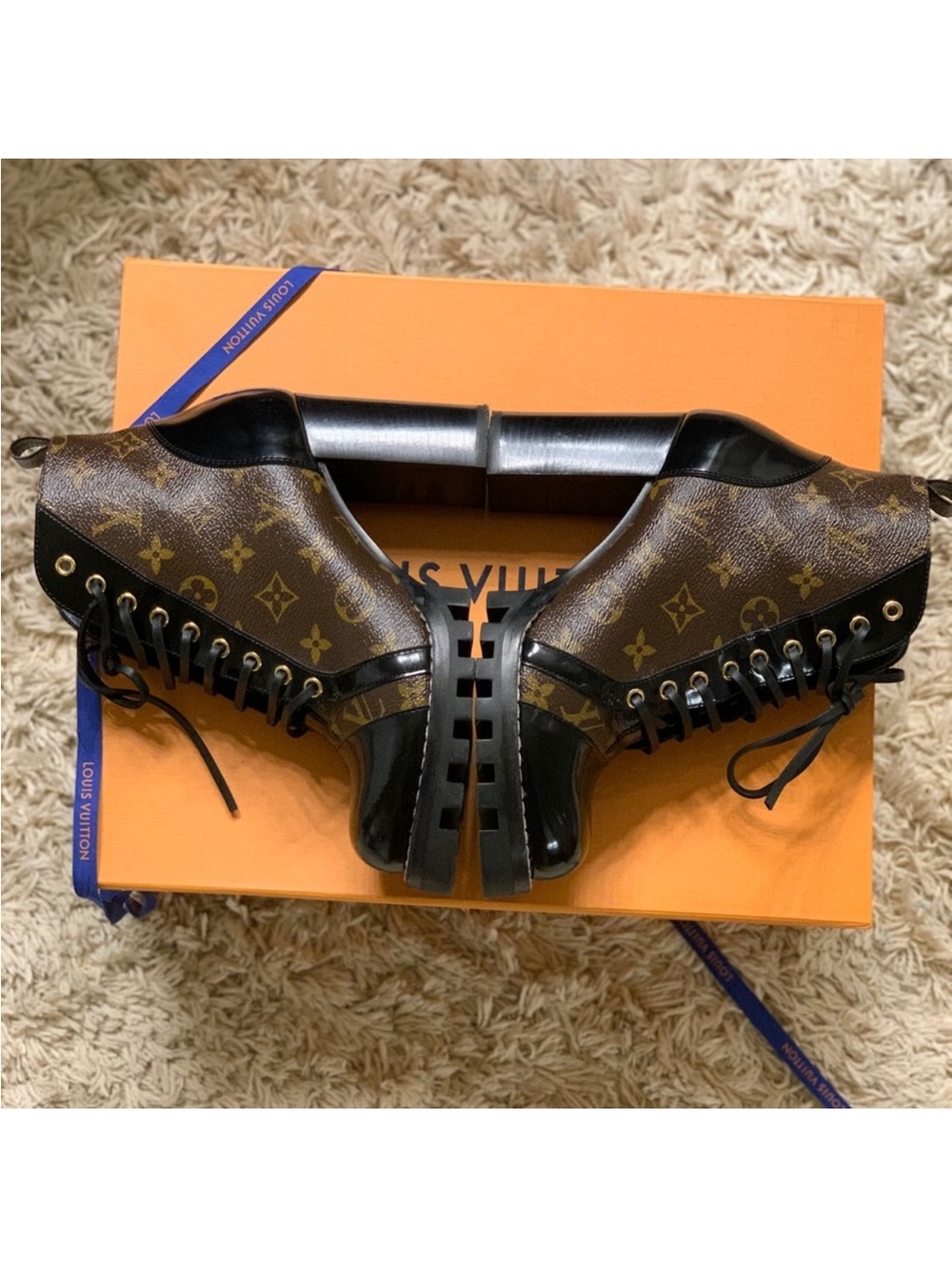 Louis Vuitton Brown Monogram & Black Leather Lace-Up Platform Boot - Picture 3 of 3